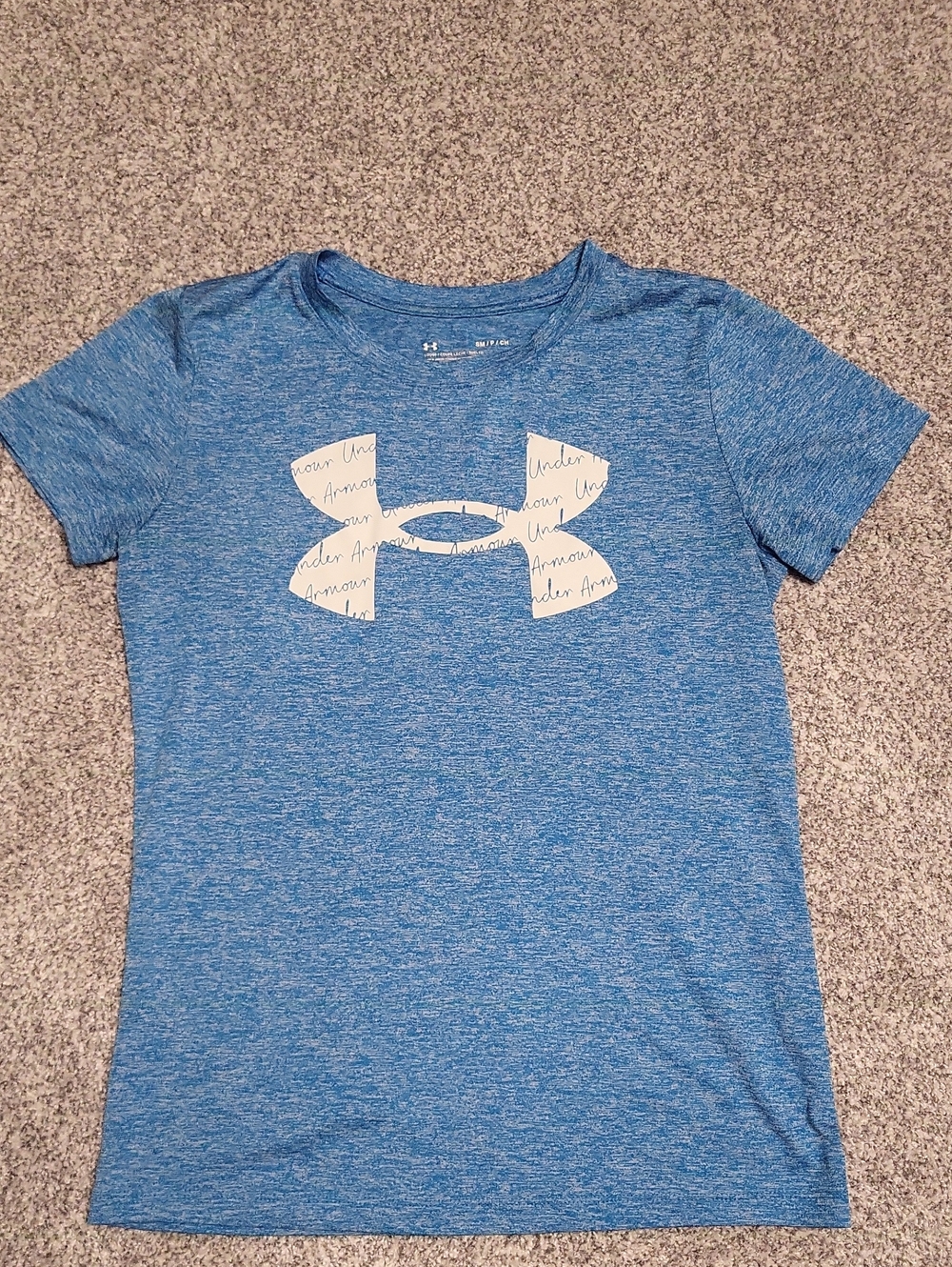 Under Armour Blue Heather Short Sleeve Tee with White Script Logo